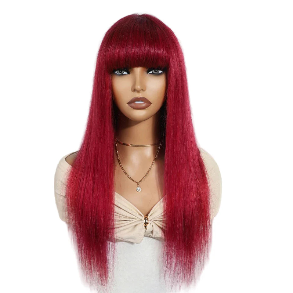 Human Hair Wigs With Bang Brazilian Straight Red Burgundy Human Hair Wigs Brown Color 4# For Black Women None Lace Wigs