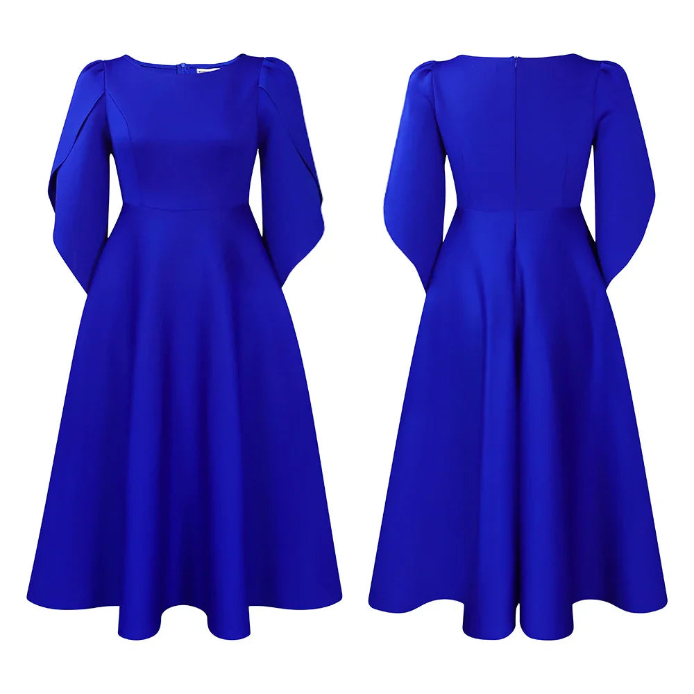 Elegant Dress Woman 2024 Wedding Party Round Neck Half Sleeve High Waisted Pleated Mid Calf Luxury Birthday Dinner Vestidos Robe
