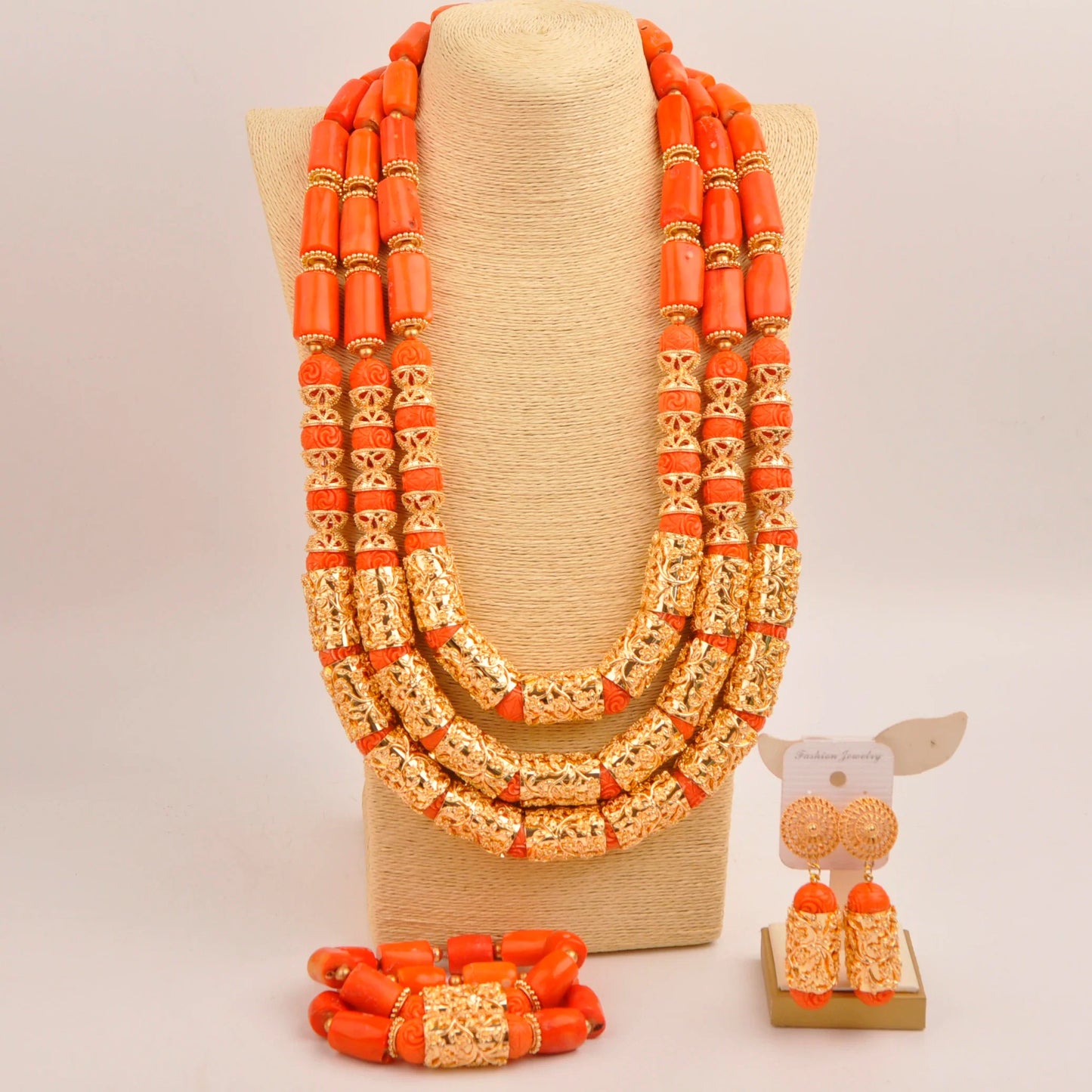Natural coral beads orange necklace set for stylish Nigerian wedding couple African jewelry