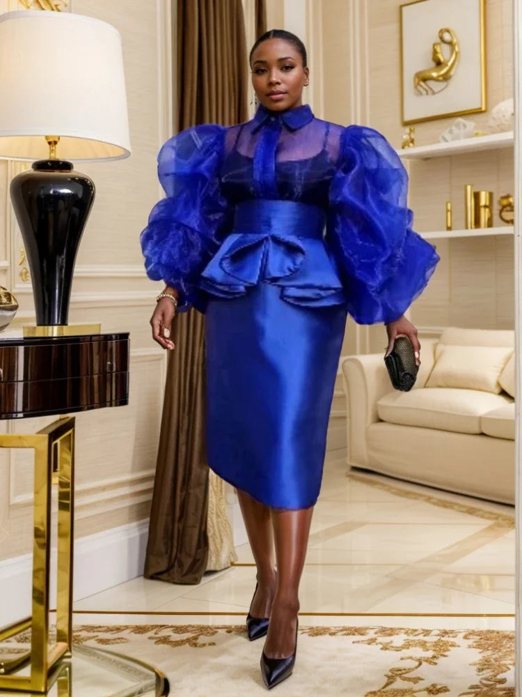Women's Party Style Long Sleeved Blue See Through Mesh 2-piece Set for Club, Party And Birthday
