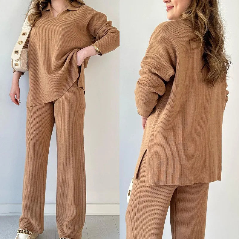 2024 Women's Knitted Pullover Sets 2PCS Solid V Neck Hem Split Loose Top + Set Wide Leg Pants Two Pcs Outfit Female Oversized