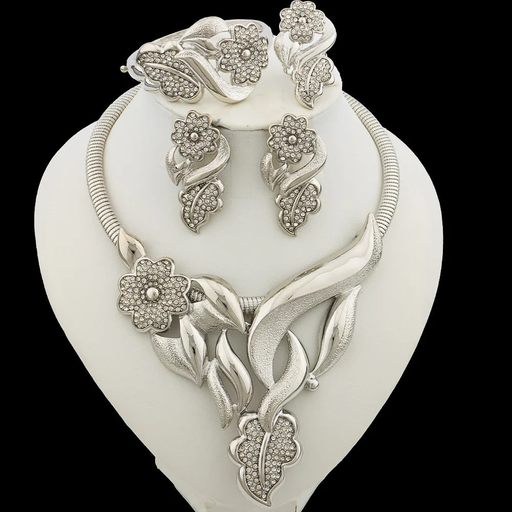 Luxury Flower Design Jewelry Set for Women, Gold Color Big Pendant Necklace and Earrings Bridal Weddings Nigerian Accessories