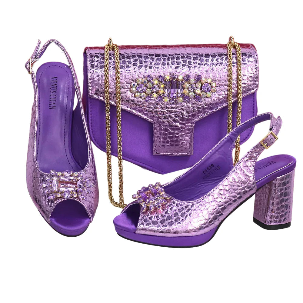 Women's Open Toe Heels Fashionable Rhinestone Decoration Shoe and Bag Set