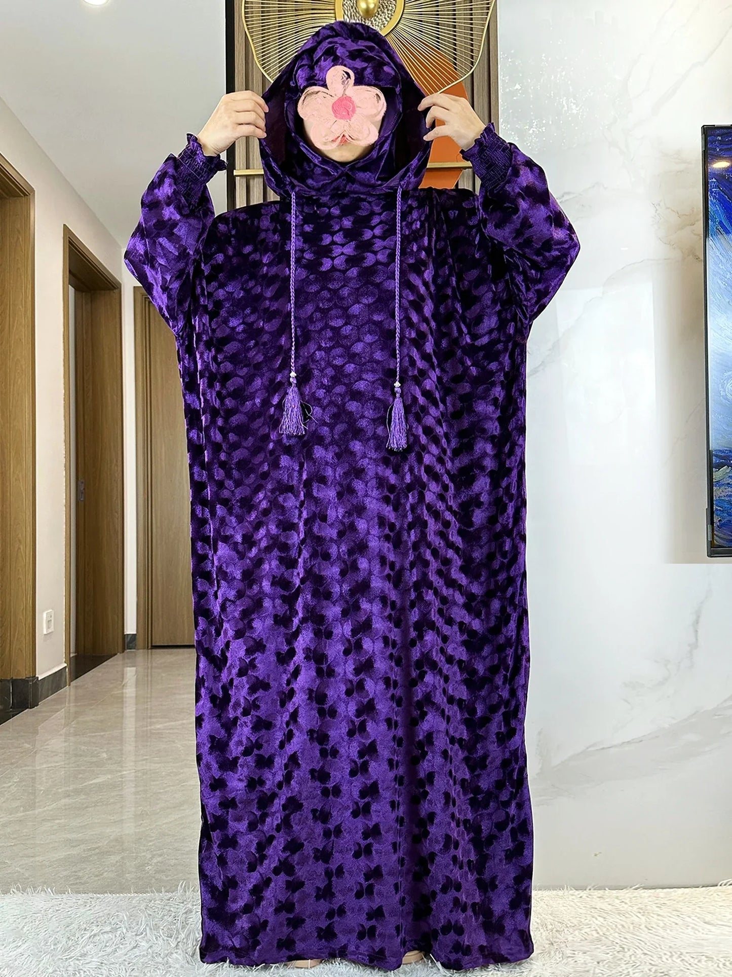 High Quality Velvet Fabric 2025 Ramadan Muslim Lady's Abaya Two-Hats Dubai Turkey Style Islamic Prayer Clothing Kaftan Dress