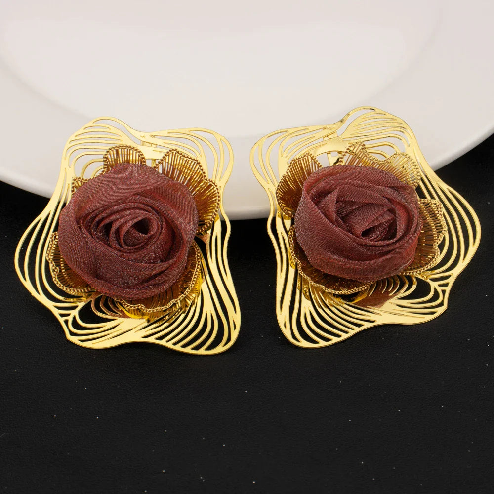Women Gold Color Jewelry Set Braided Red Rose Design Large Pendant Unique Earrings Dubai Arab Fashion Ring Bracelet Party Gift