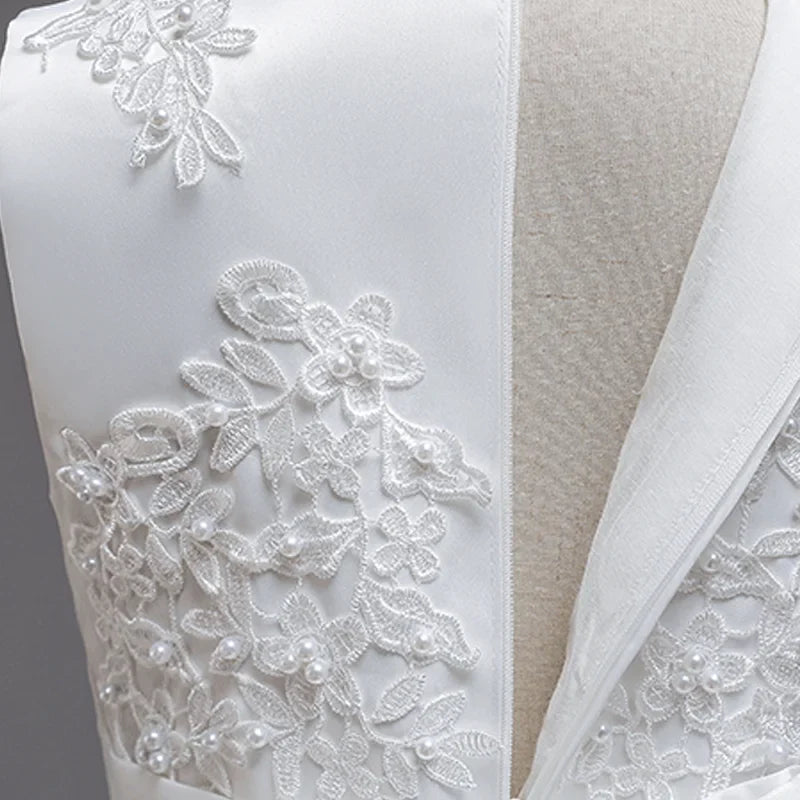 Girls White Lace Pearl Flower Princess Dress For Sequins Sleeveless First Communion Bridesmaid Wedding Formal Evening Long Gown