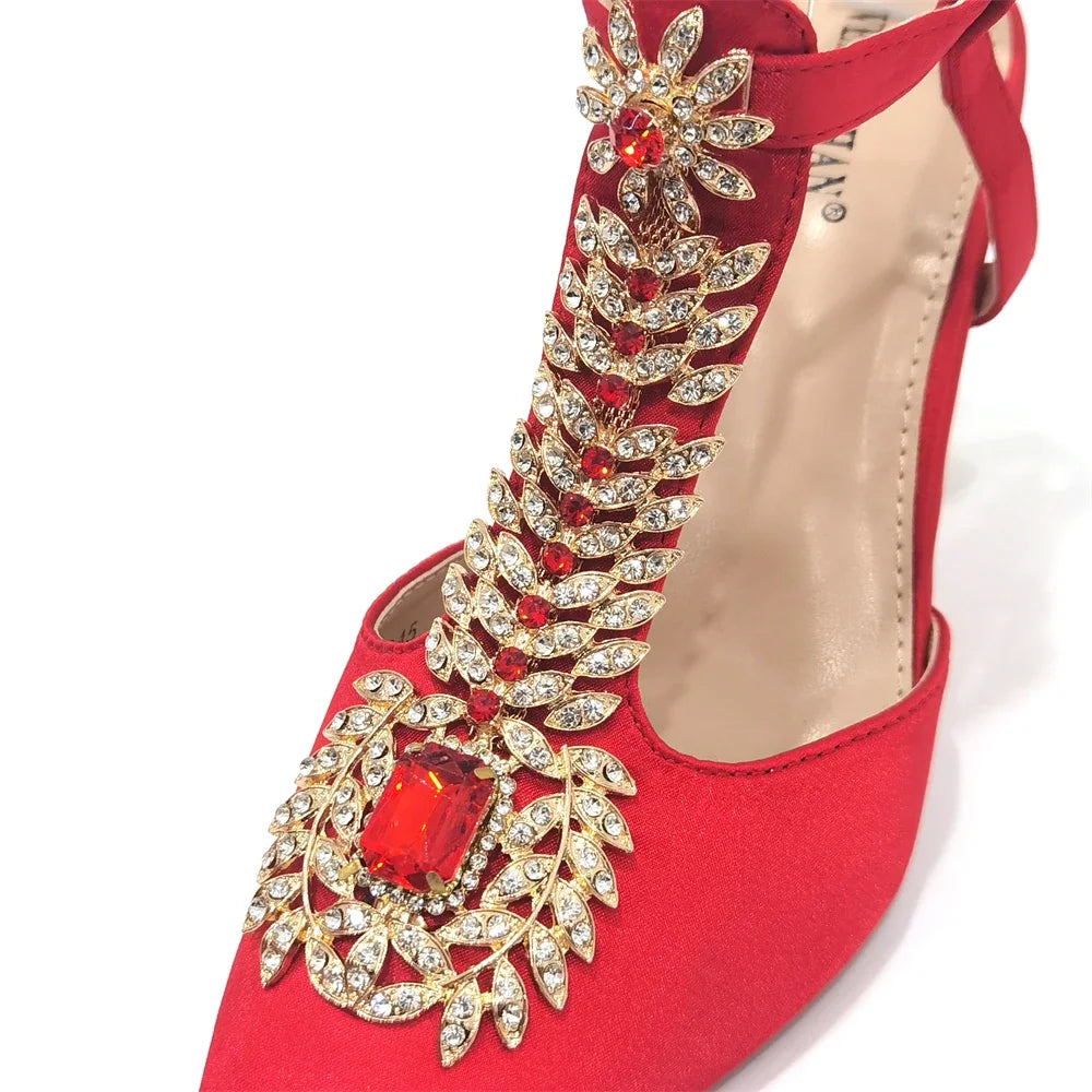Women's Diamond Decorated Pointed Toe Italian Shoes And Bag Set