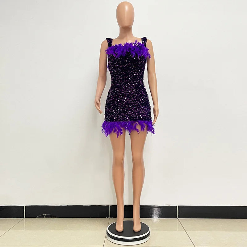 Spring And Summer Women's Clothing MINI Short Solid Color New Wind Sequins Halter Beach Dress One-word Shoulder Feathers Spice G
