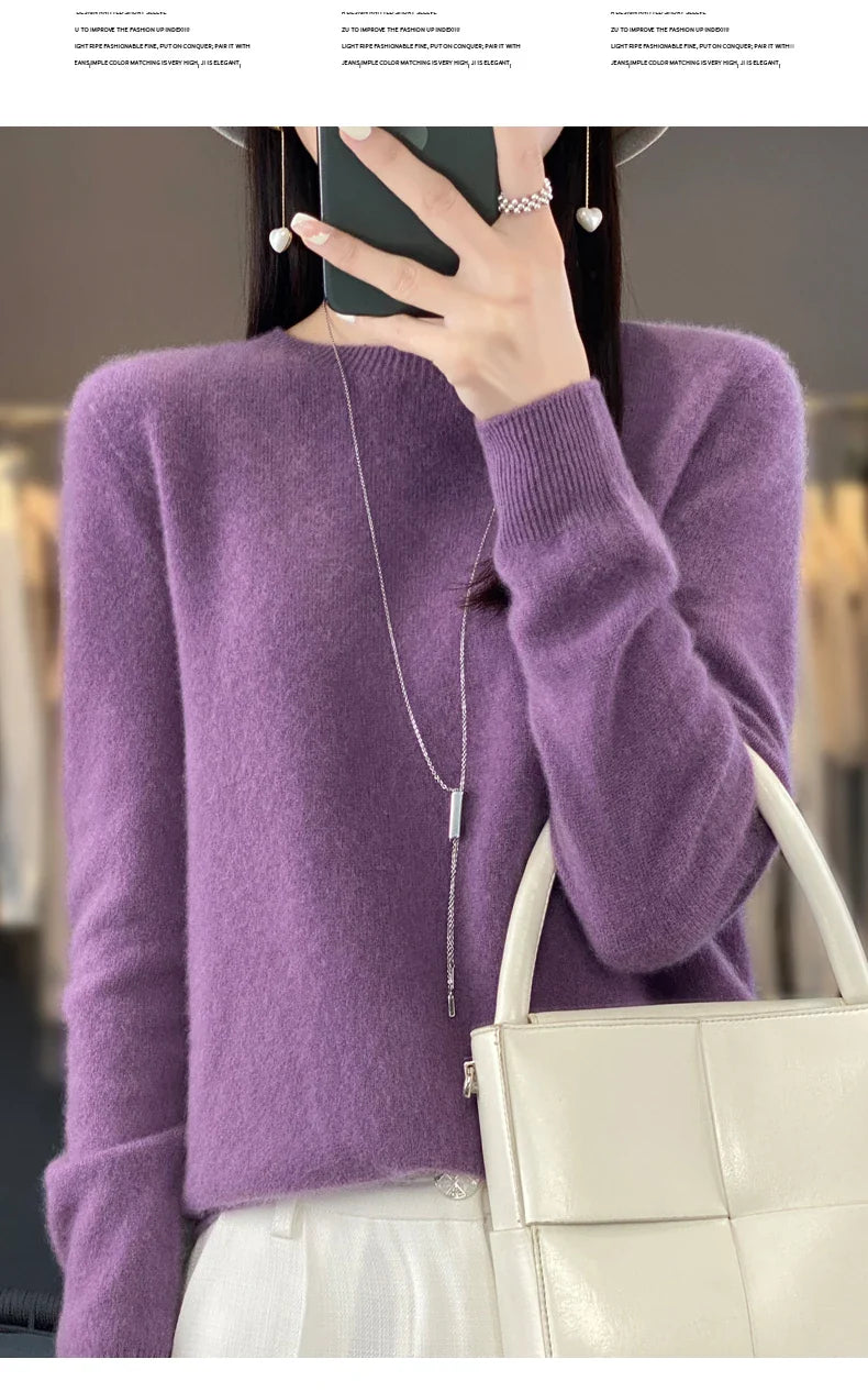 100% Merino Wool Women’s Sweater – Soft Cashmere-Feel O-Neck Pullover, Autumn/Winter Warm Knit Top (14 Colours)