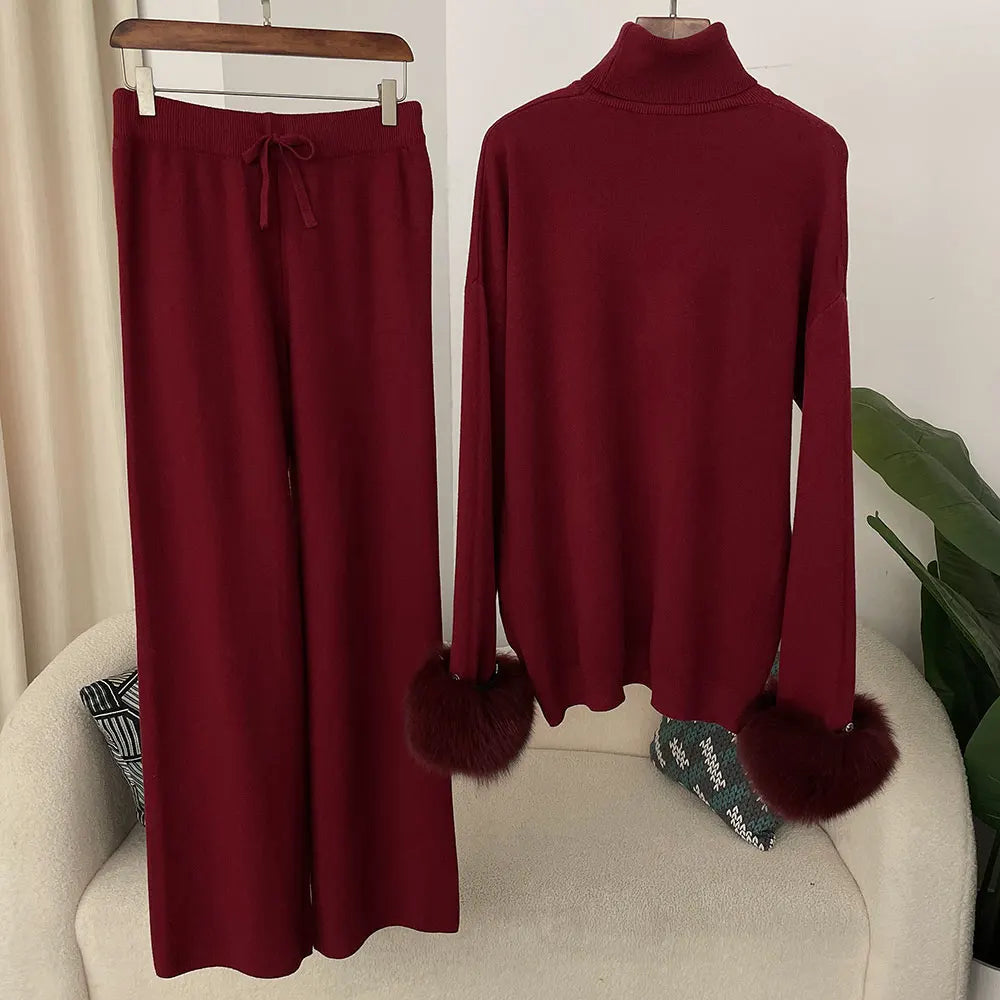 Fashion Autumn Winter Natural Real Fox Fur Cuffs Coat Knitted Sweater Women Long Pants Set Jacket Thick Warm