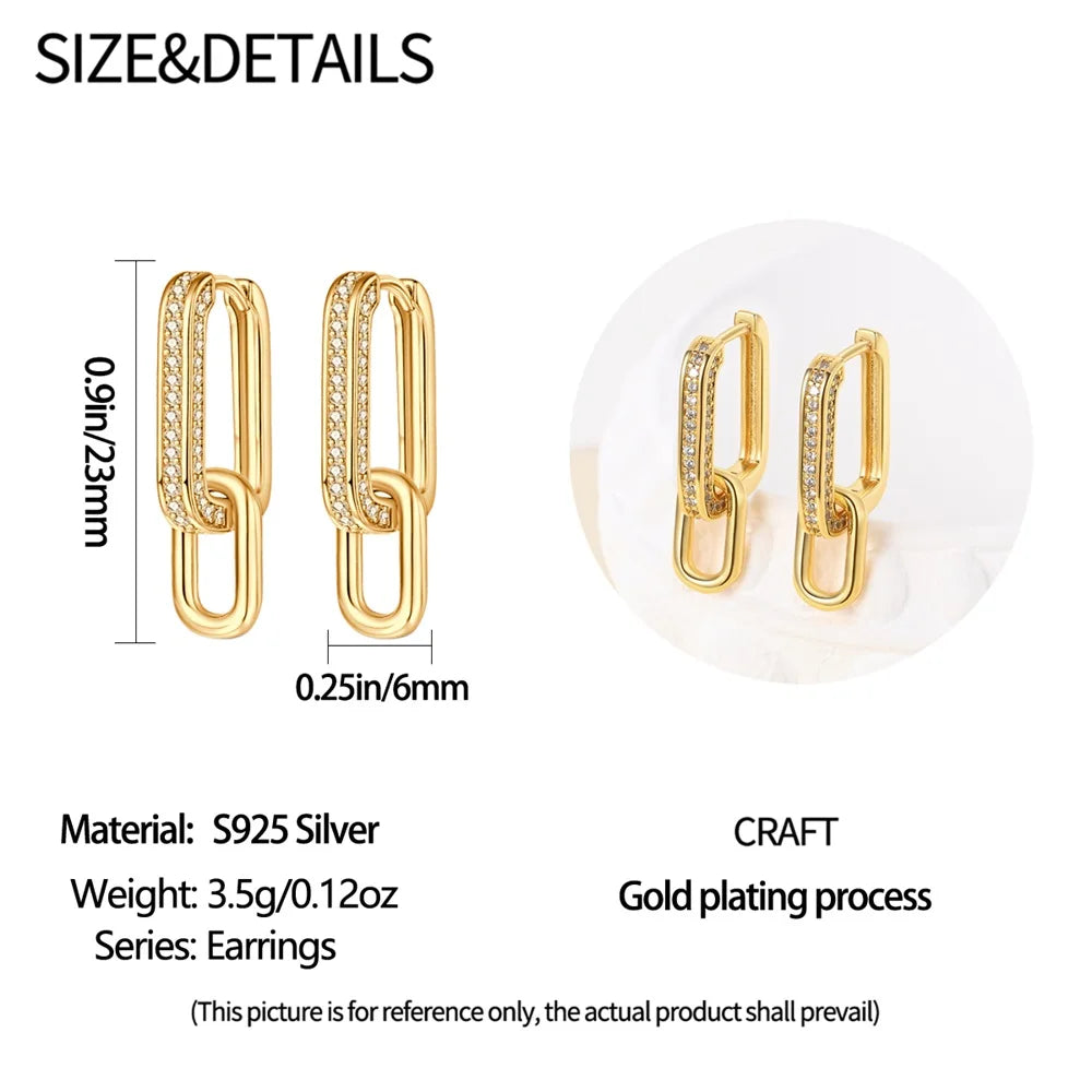 Elegant 925 Sterling Silver Double Square Buckle K Gold Set Pavé Earrings Women's Anniversary Party Jewelry Gift