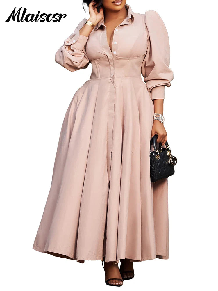 Mlaiscsr Spring Long Sleeve A-Line Shirt Dresses Elegant African for Women White Casual Lapel Evening Party Holiday Vistidos