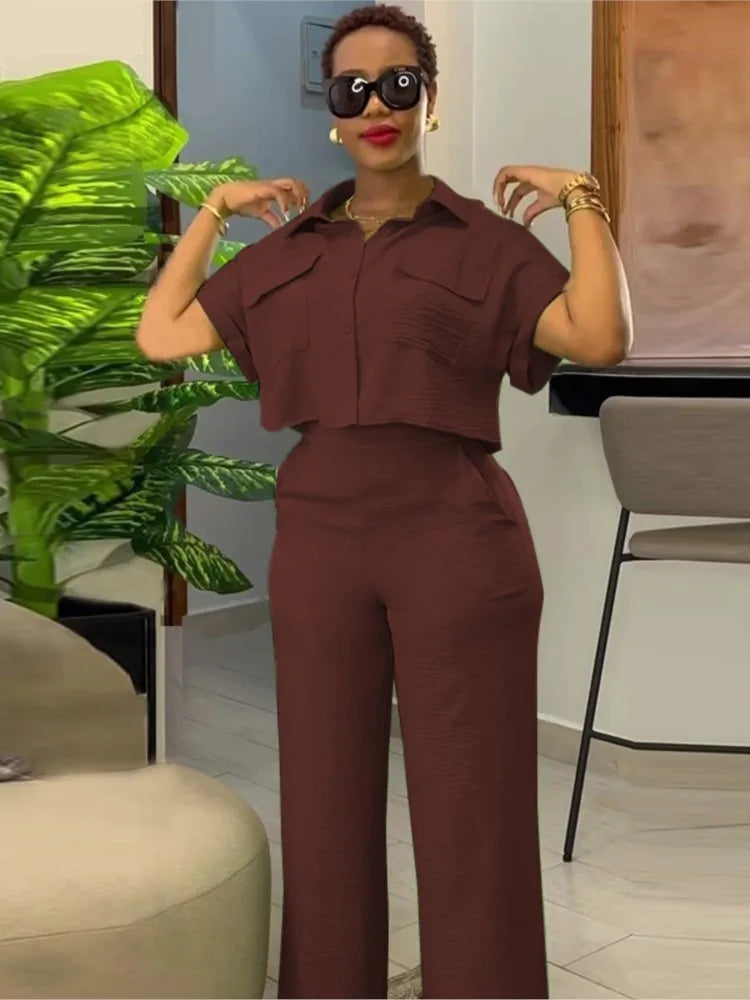 Casual Women's Solid Two Piece Sets Spring Summer Turn-down Neck Short Sleeve Loose Top & Wide Leg Pants Set Streetwear Outfits
