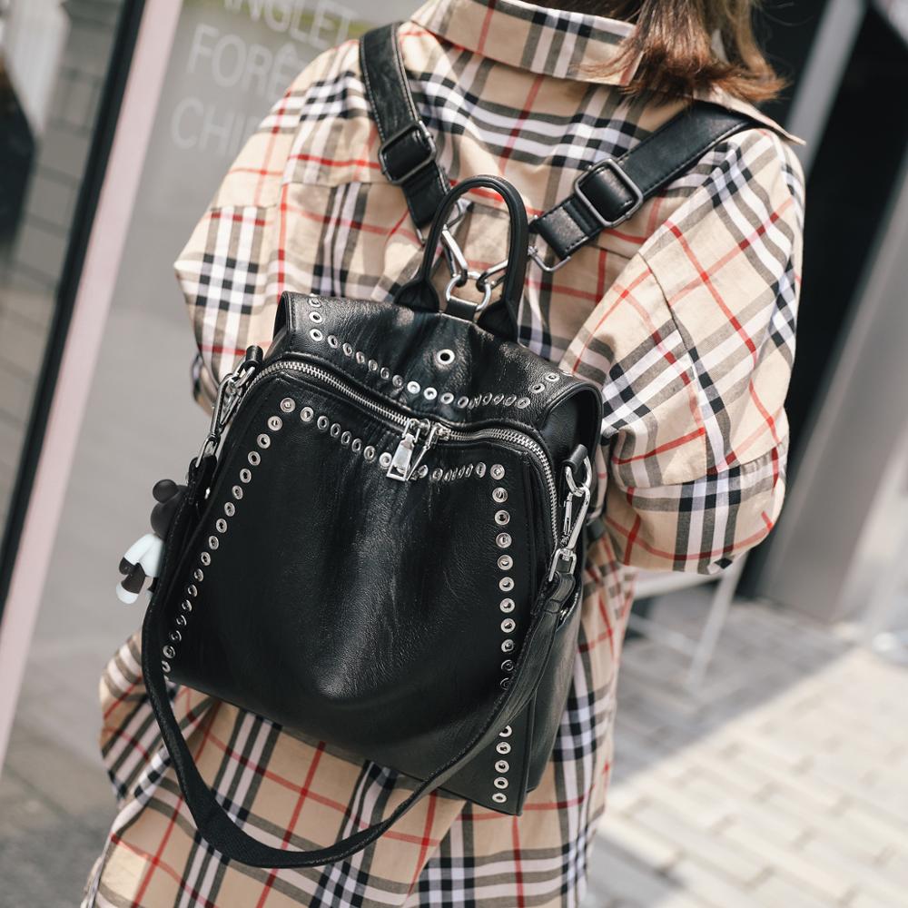 Punk Style Black Fashion Backpack Soft PU Leather Rivet Backpacks Women