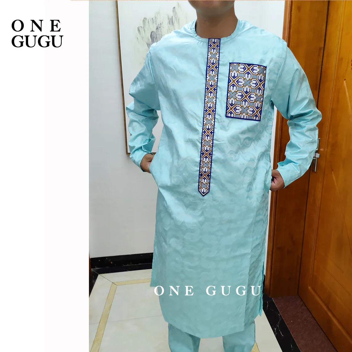 Waterproof Shining African 2Pcs Set Men Shirt And Pants Top Quality Original Nigerian Bazin Rich 100% Cotton Traditional Dashiki