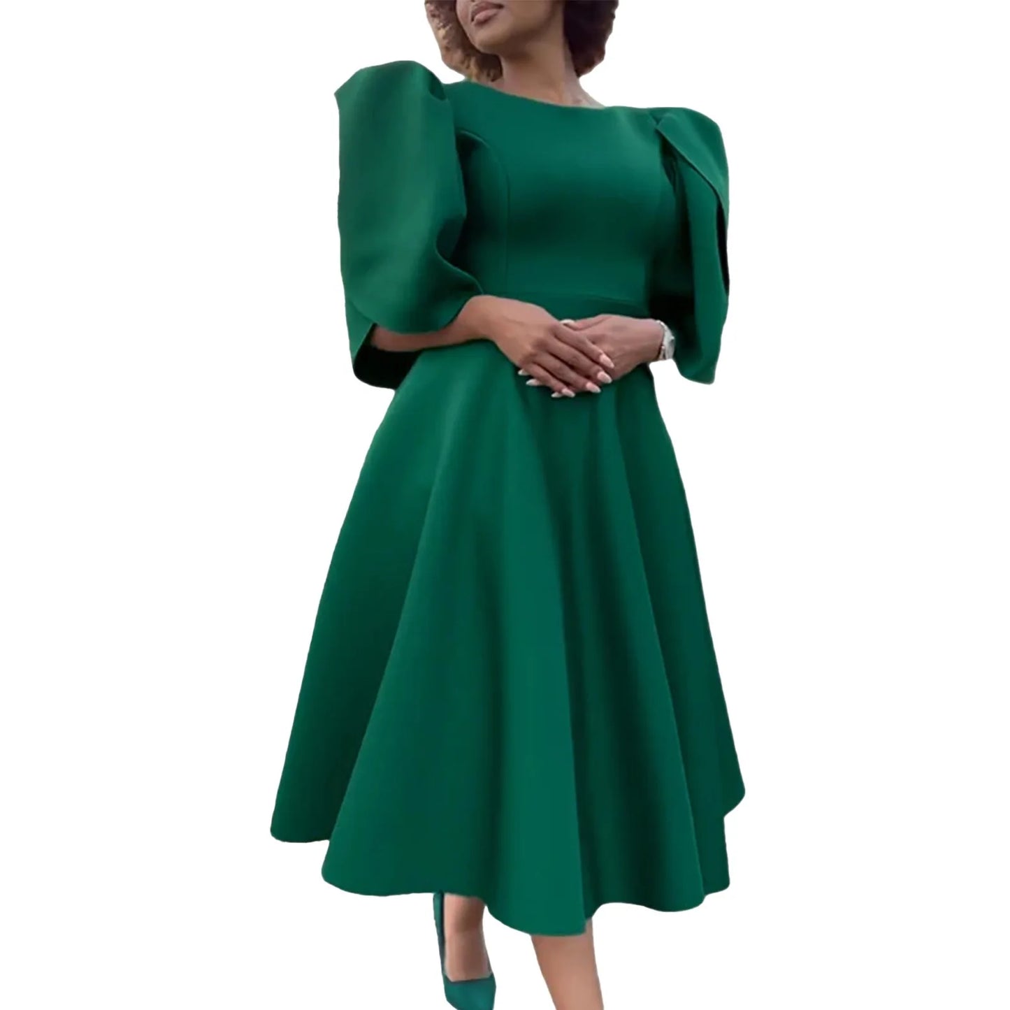 Elegant Dress Woman 2024 Wedding Party Round Neck Half Sleeve High Waisted Pleated Mid Calf Luxury Birthday Dinner Vestidos Robe