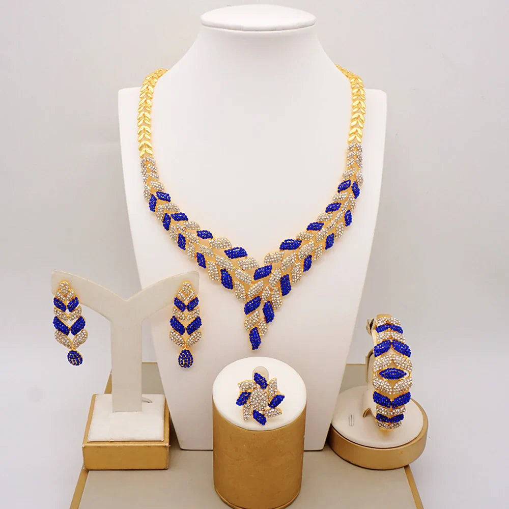 Latest Italian Dubai Gold Color Ladies Full Crystal Necklace Jewelry Set Simple Ring Bracelet Earrings African Jewelry Wedding