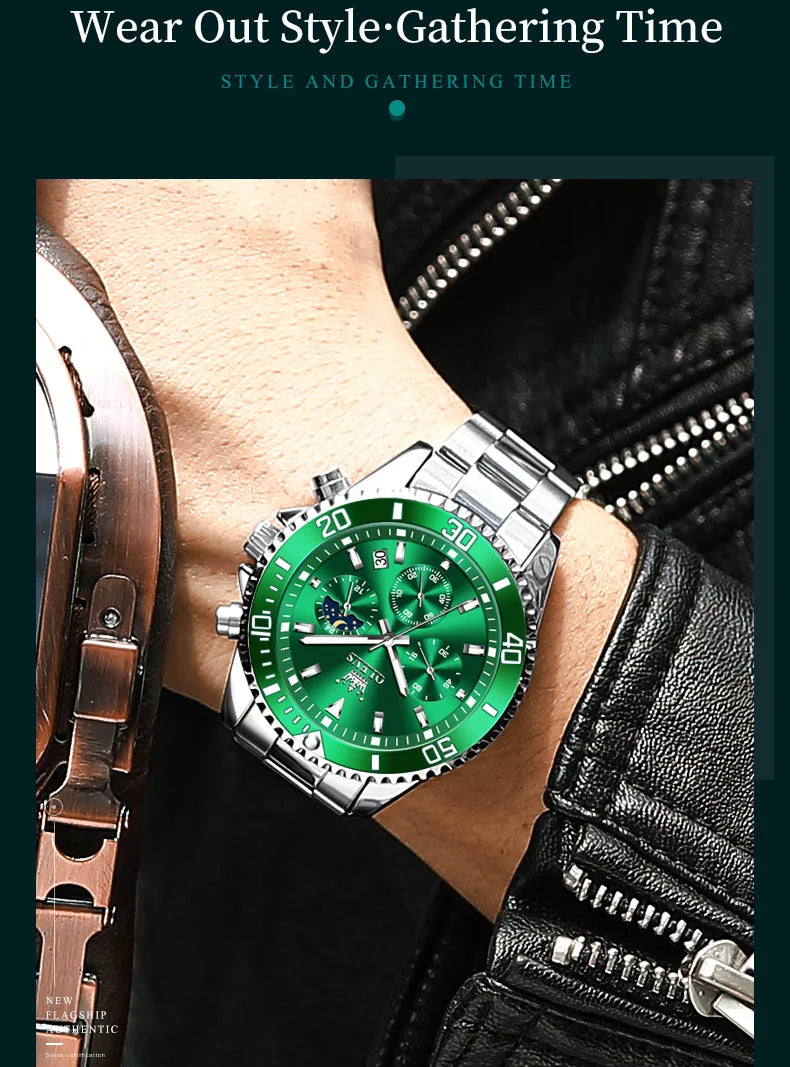 Men's Watches Top Brand Luxury Watch for Men Original Waterproof Stainless Steel Chronograph Moon Phase Date Rota Dial
