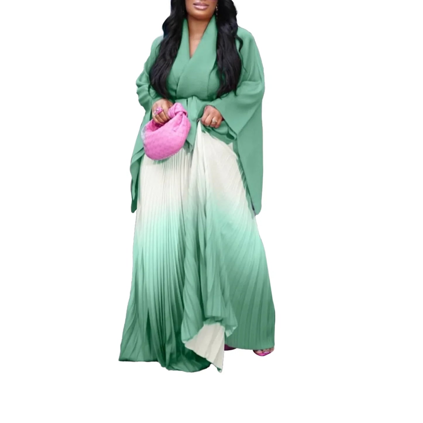 CM.YAYA Gradient Women's Set Full Sleeve Belt Blouse Shirt and Pleated Long Skirts Suit Street Two 2 Piece Set Outfit Tracksuit