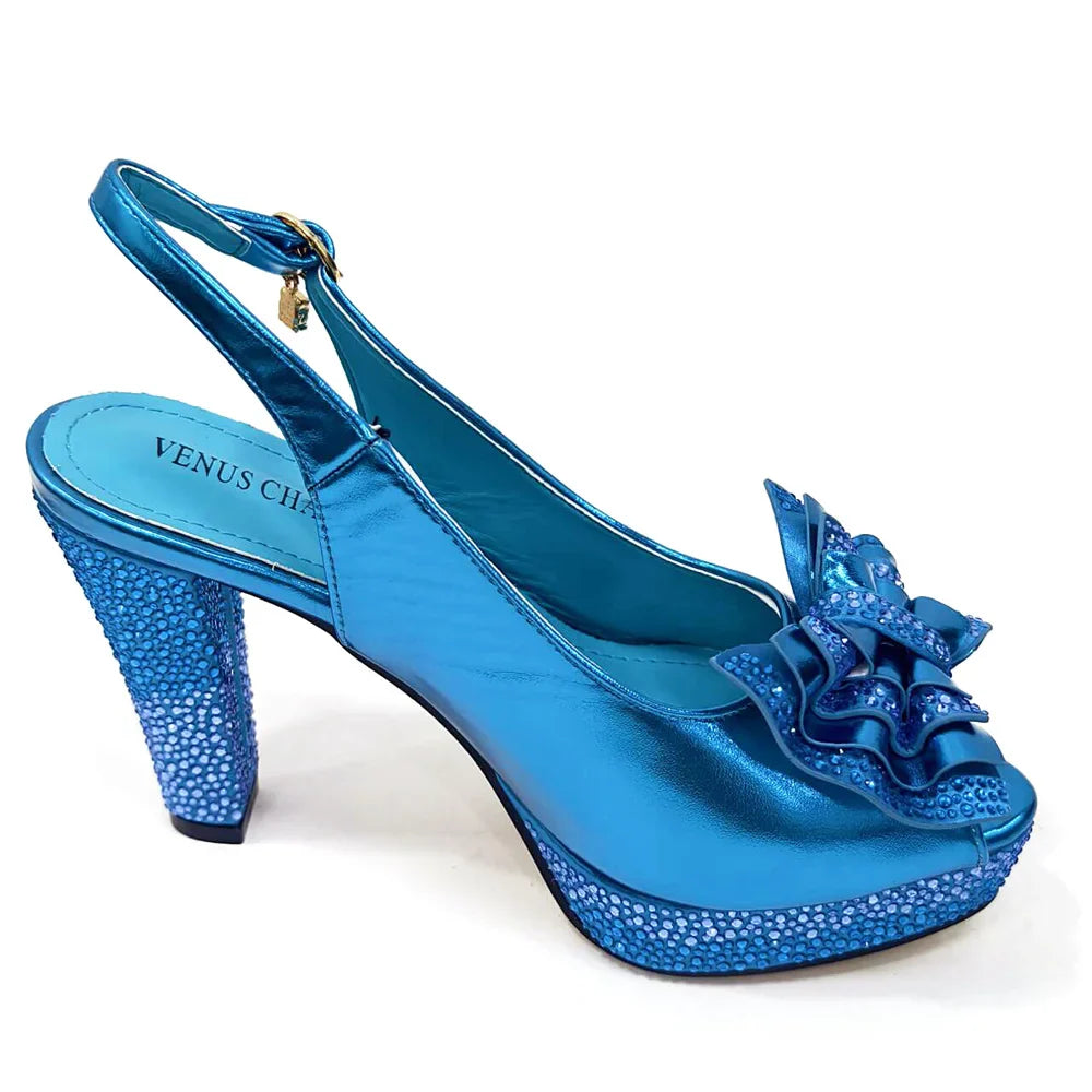 Venus Chan Open Toe Women Heels for 2024 Elegant Party Green Color Diamond Pumps Italian Shoes and Bags Matching Set