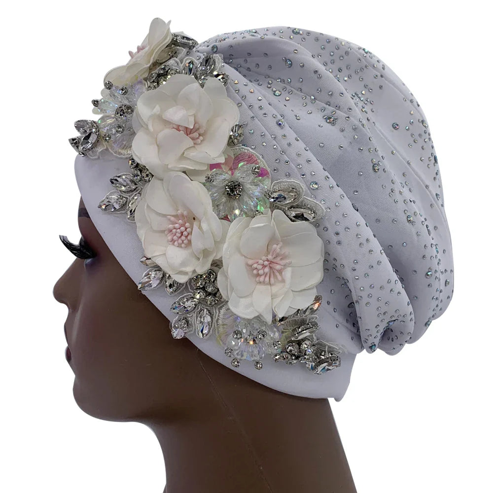 Elegant African Turban Cap with Shiny Rhinestone Ready to Wear Nigeria Auto Gele Headtie Party Women's Head Wrap Bonnet Turbante
