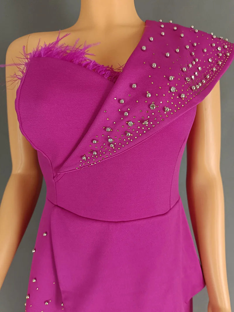 CM.YAYA Vintage Pearl Feather Sleeveless Patchwork Women Party Evening Prom Straight Jumpsuits 2024 Summer Sexy Playsuit Outfit