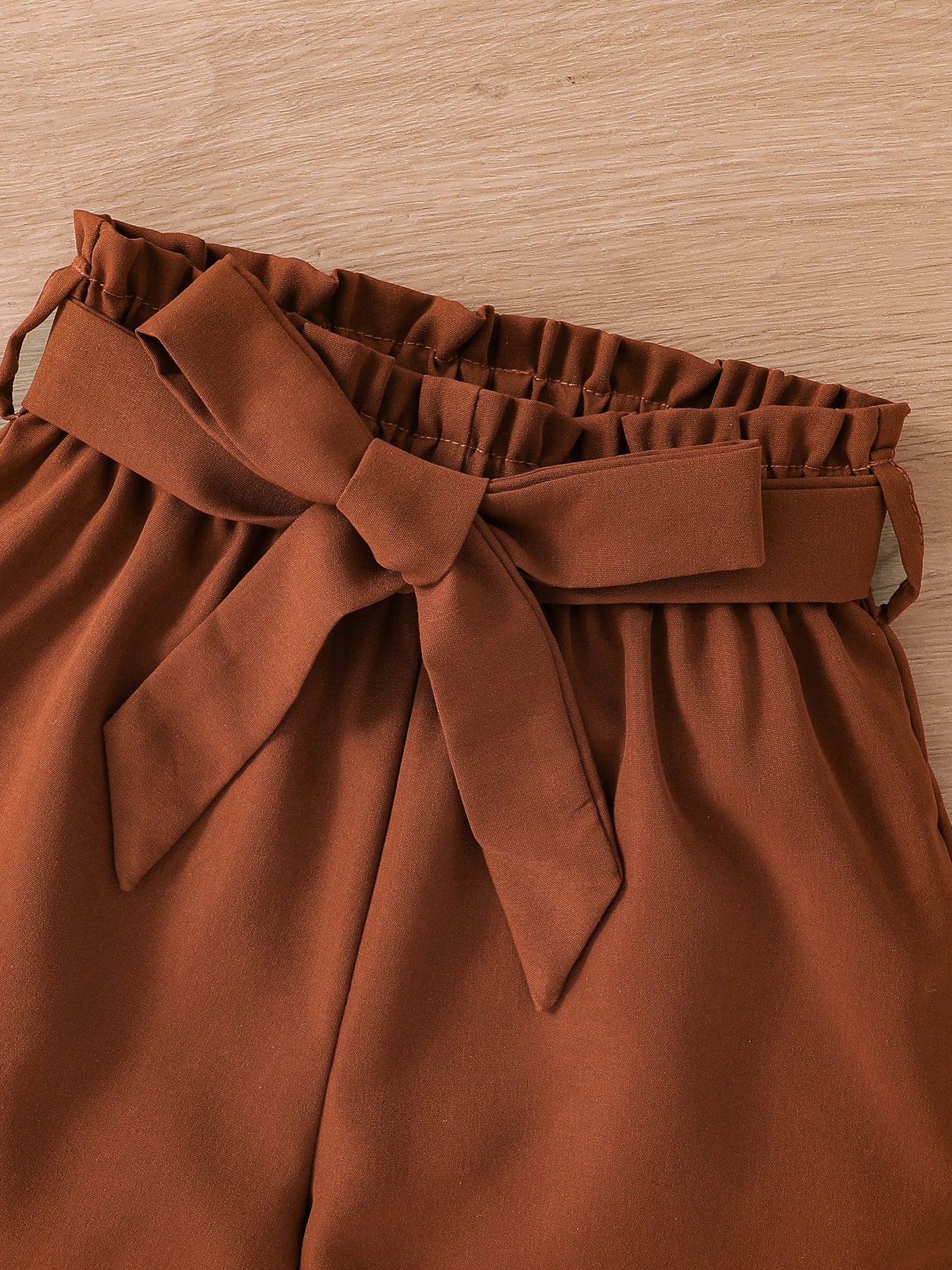 Children's clothing, girls' summer fashion, breathable thin 2-piece set, knitted round neck short sleeved+brown slim fit shorts