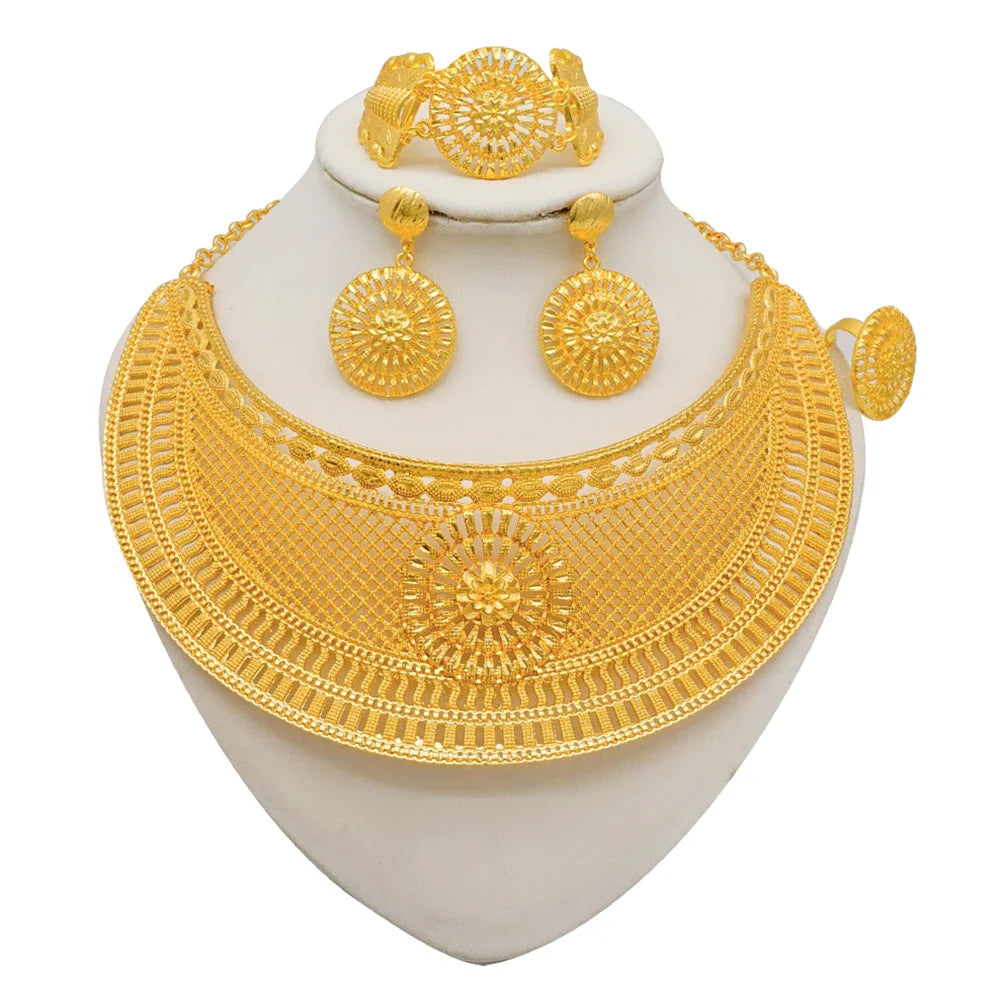 Indian Dubai Gold Color Jewelry Sets For Women Earring & Necklace Nigeria Moroccan Bridal Wedding Party Gifts