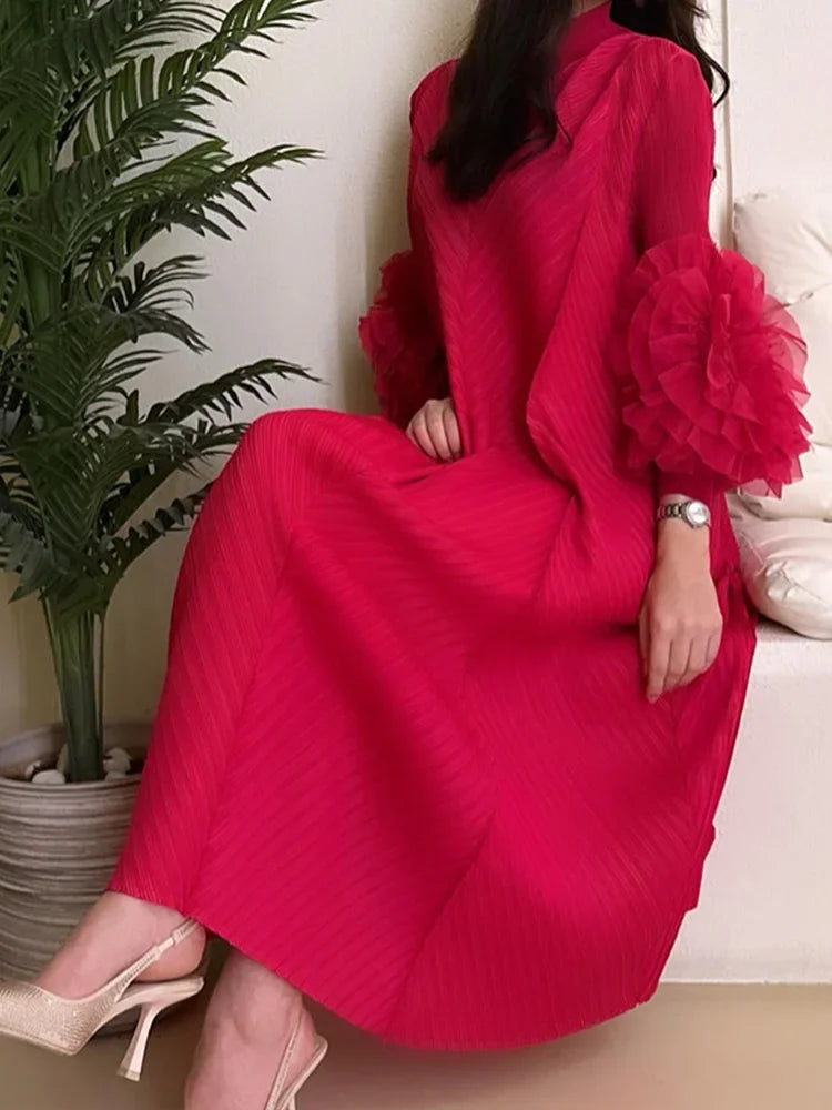Pleated Maxi Long Dress Mesh Petal Sleeve Half Turtleneck Formal Dresses for Women 2024 New Hot Sales