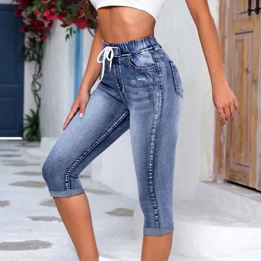 2024 High Waist Jeans Women Leggings Vintage Elastic High Waist Drawstring Pockets Denim Pants Calf Length Jeans Slim Fit Capris