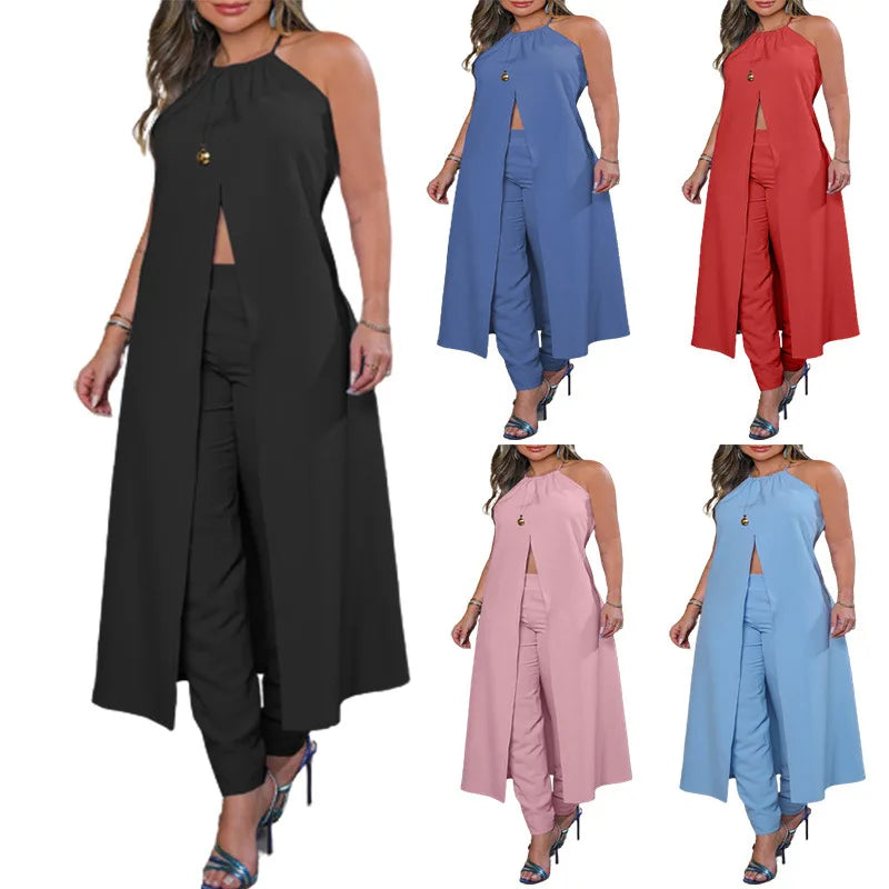 2024 New O Neck Solid Color & High Waist Pencil Pants High Slit Longline Top & Pants Set Sleeveless Summer Spring Clo
