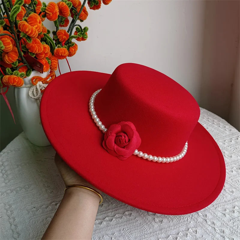 Women's Fashionable Fedora Hat 10CM Wide Brim Flat Top Felt Hats For Wedding And Jazz