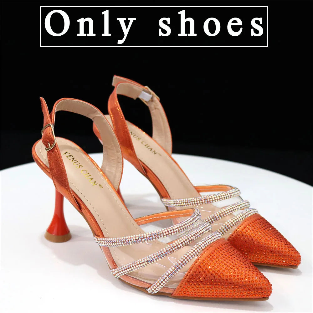 Venus Chan Shoes for Women 2023 Pointed Toe Black Heels Rhinestone Chain Party Sandals Italian Shoes and Bags Matching Set 2023