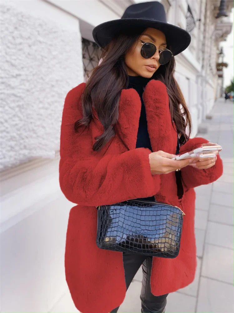 Women's Faux Fur Coat Long Sleeve Lapel Winter Coat