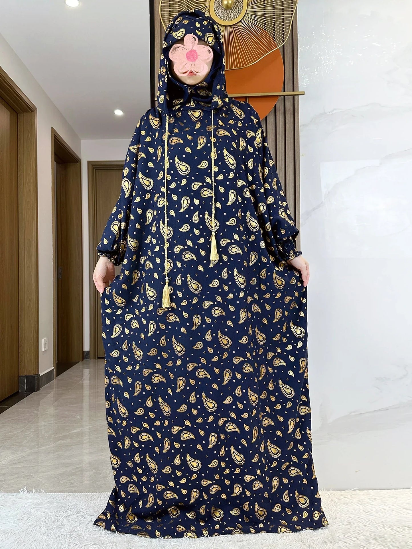 High Grade Fabric Cotton Ramadan Muslim Women's Abaya with Two-Hats Dubai Turkey Style Islamic Prayer Clothing Kaftan Dress