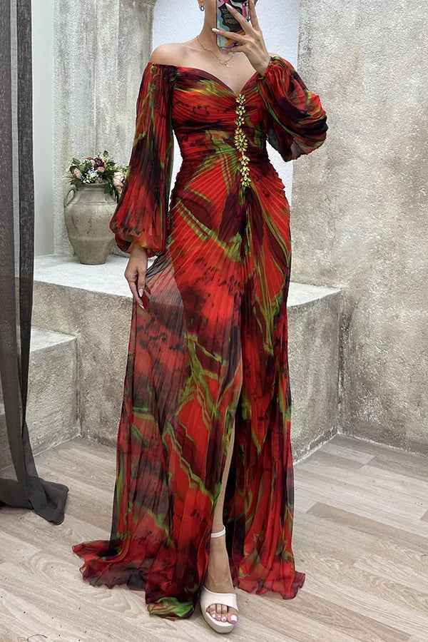 Women Floral Lantern Long Sleeve Dress Elegant Rhinestone Off Shoulder Maxi Dresses Sexy Deep V-neck  Waist Split Parties Dress