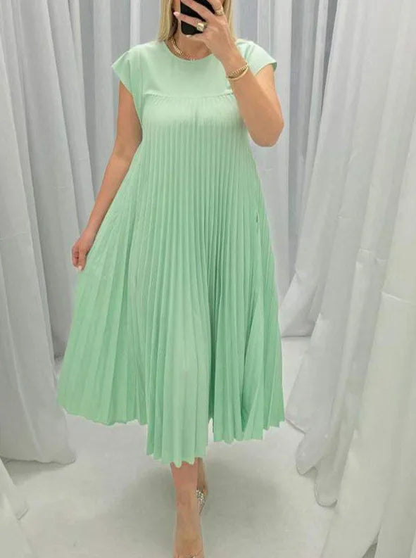 Loose Solid Color Loose Waist Large Hem Long Dress Summer New Fashion O-Neck Sleeveless Pleated Maxi Women's Dress Femme Robe