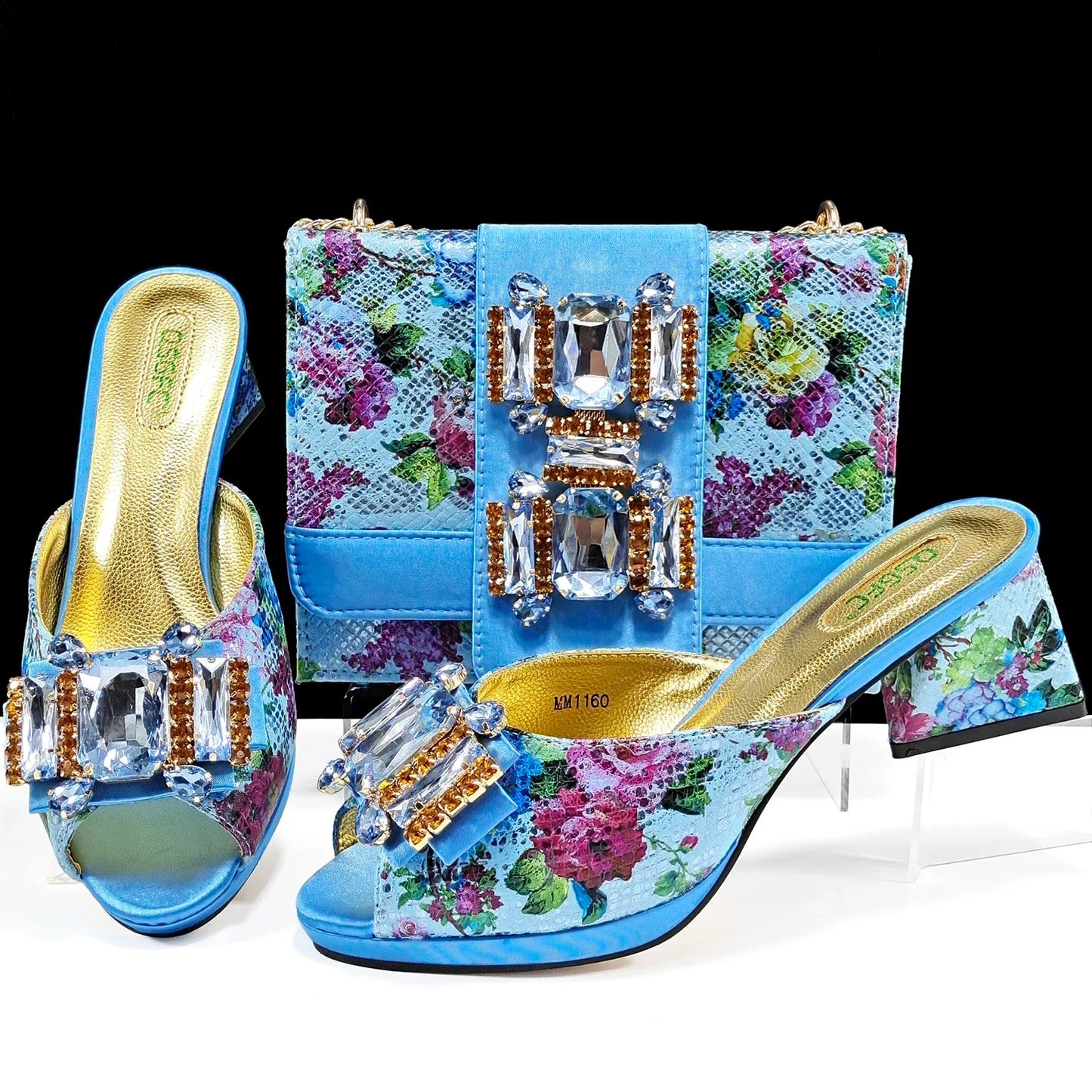 QSGFC Italian Sandals and Bags Matching Set 2024 Women Heel Party for Rose Gold Colour Wedding Bigger Size Thick Heel Shoes