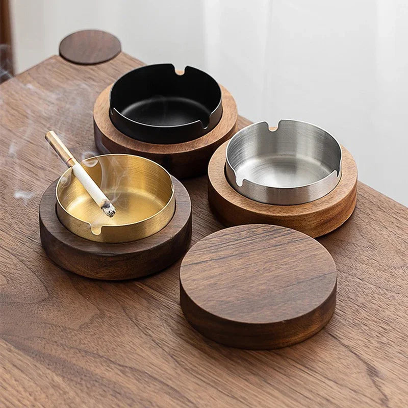 New Creative Ashtrays With Lid Walnut Wood