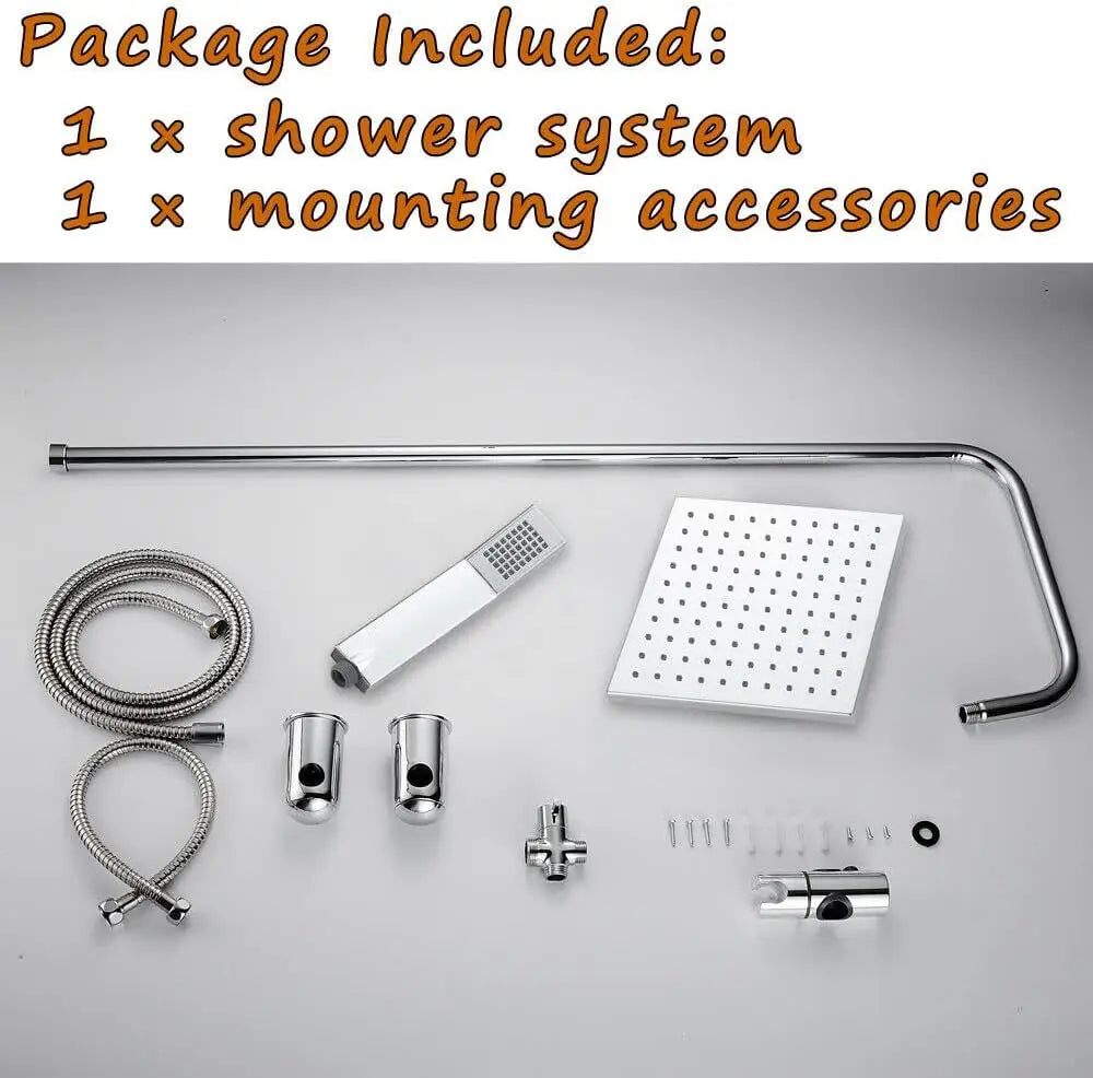 DayPlus Square Chrome Overhead Rain Shower Kit Dual Rigid Riser Rainfall Head and Hand Held Shower Twin Bath Set for Bathroom