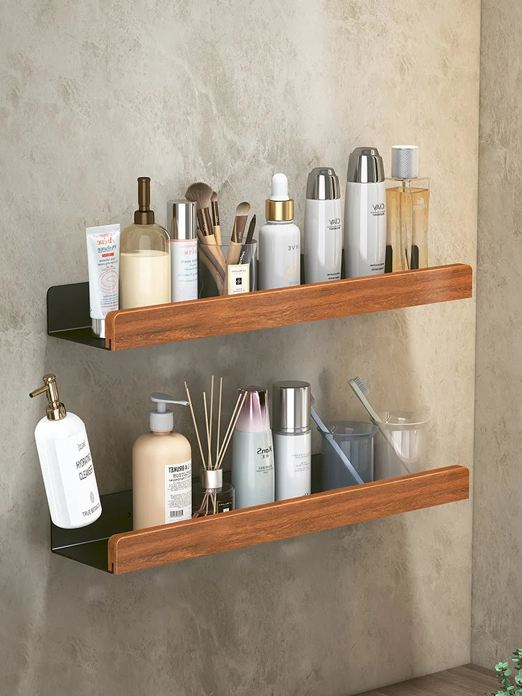 Modern Wooden Bathroom Wall Storage Rack – Shelves, Towel Bar & Hooks Set