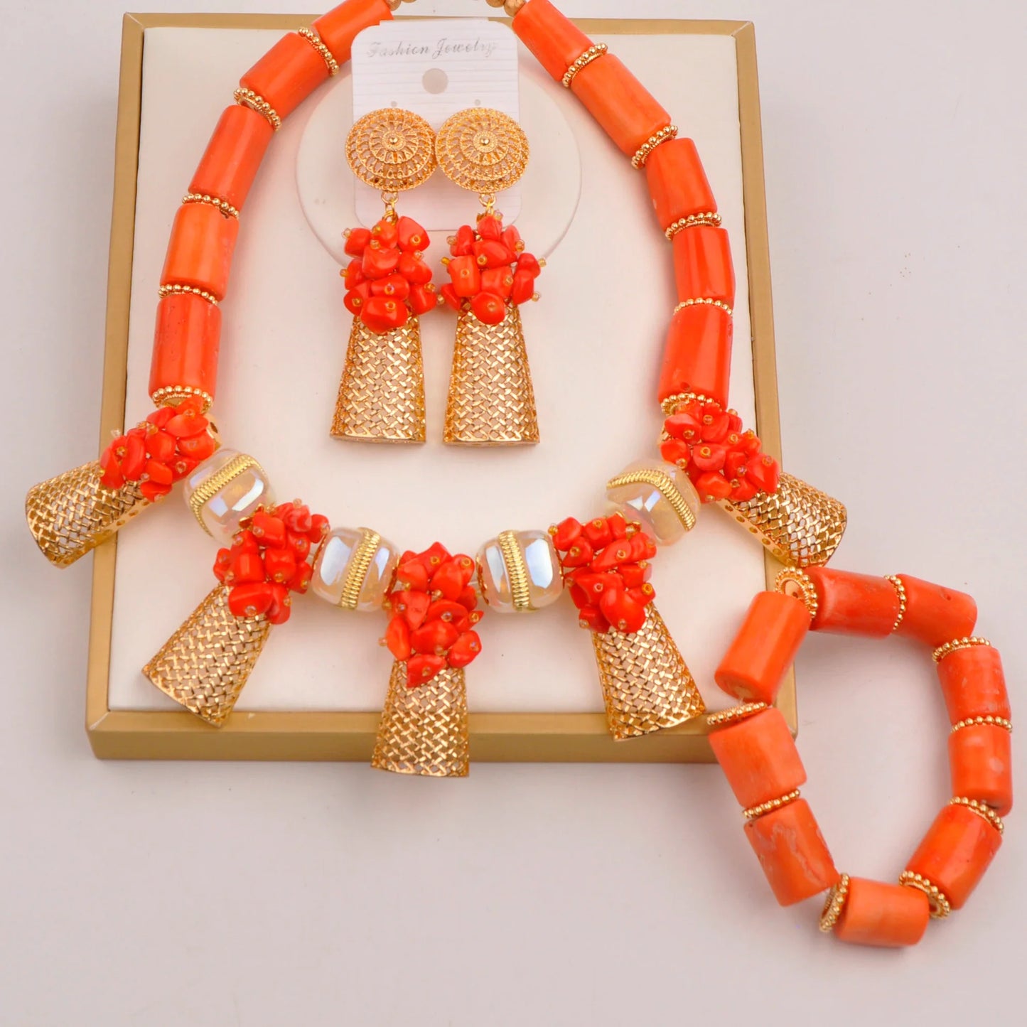 splendid orange nigeria coral beads necklace african jewelry set bridal wedding jewelry sets C21-23-01