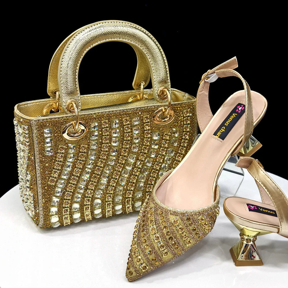 Women's Elegant Heels Rhinestone Handbag Set Italian Design for Weddings