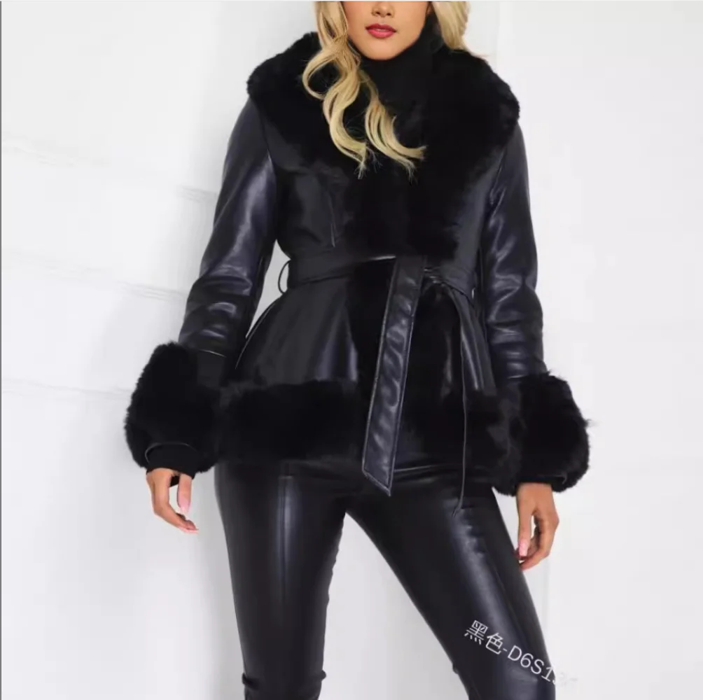 Women's Casual Warm imitation Rabbit Hair Patchwork Leather Jacket