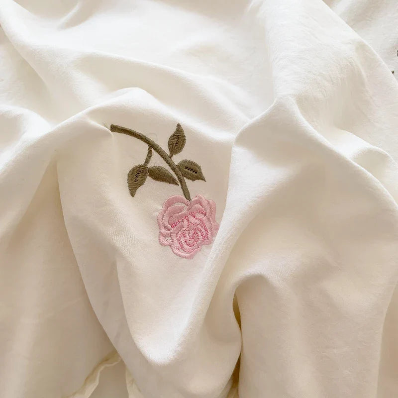 3pcs Rose Embroidered Duvet Cover Set (1*Duvet Cover + 2*Pillowcase, Without Core), Princess Style Lace Bedding Set