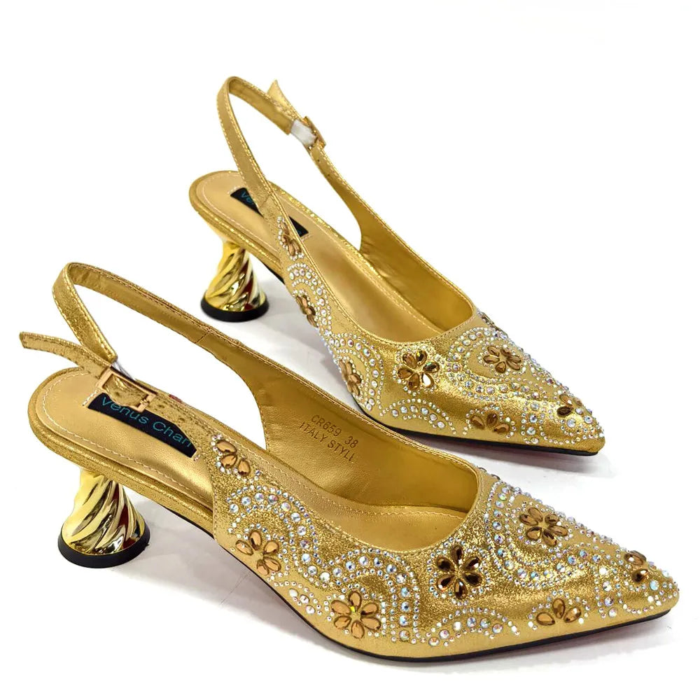 Elegant And Sexy Fuchsia Color High Heels Shoes And Bag With Rhinestone Embellished Toe Is Comfortable Women's Shoes For Party