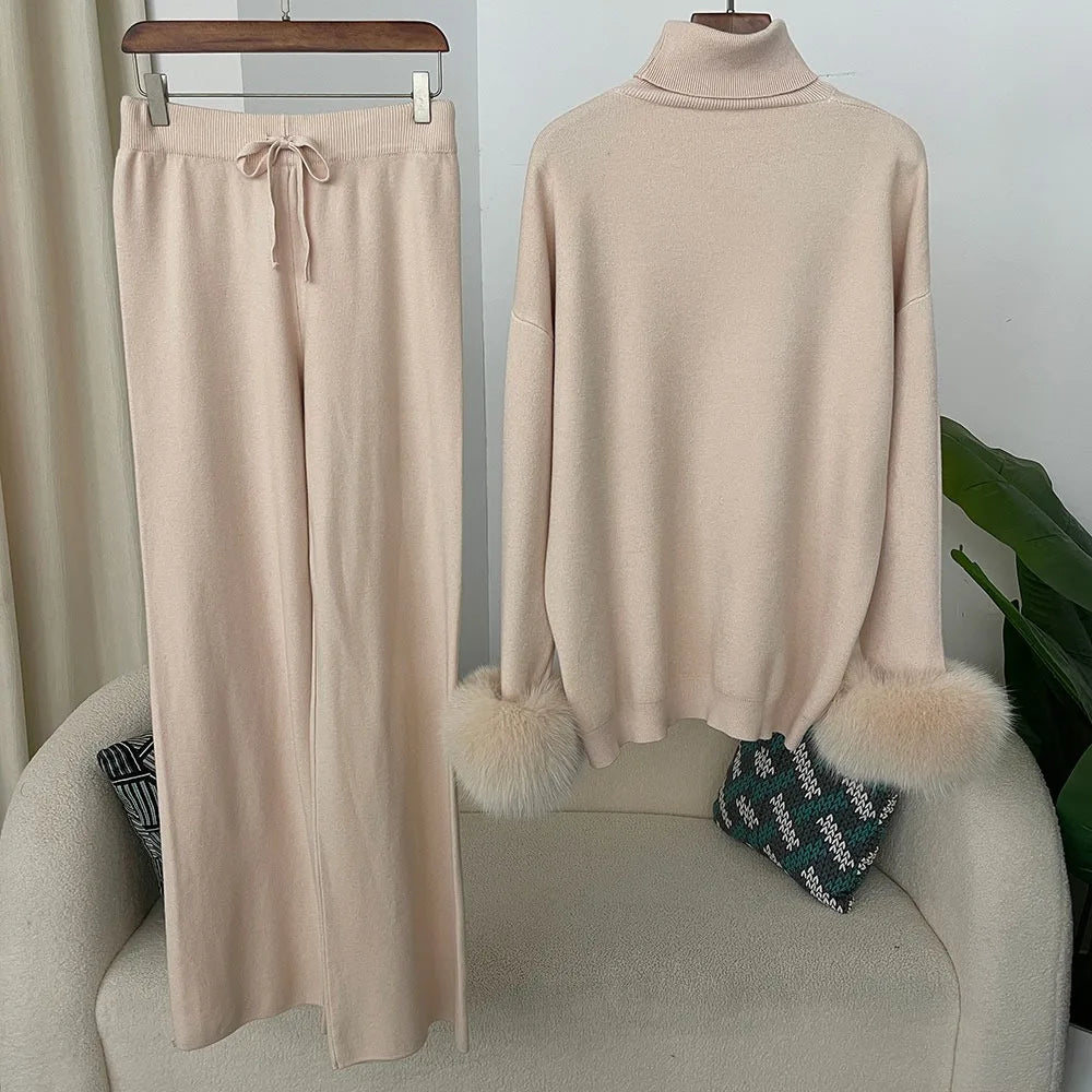 Fashion Autumn Winter Natural Real Fox Fur Cuffs Coat Knitted Sweater Women Long Pants Set Jacket Thick Warm
