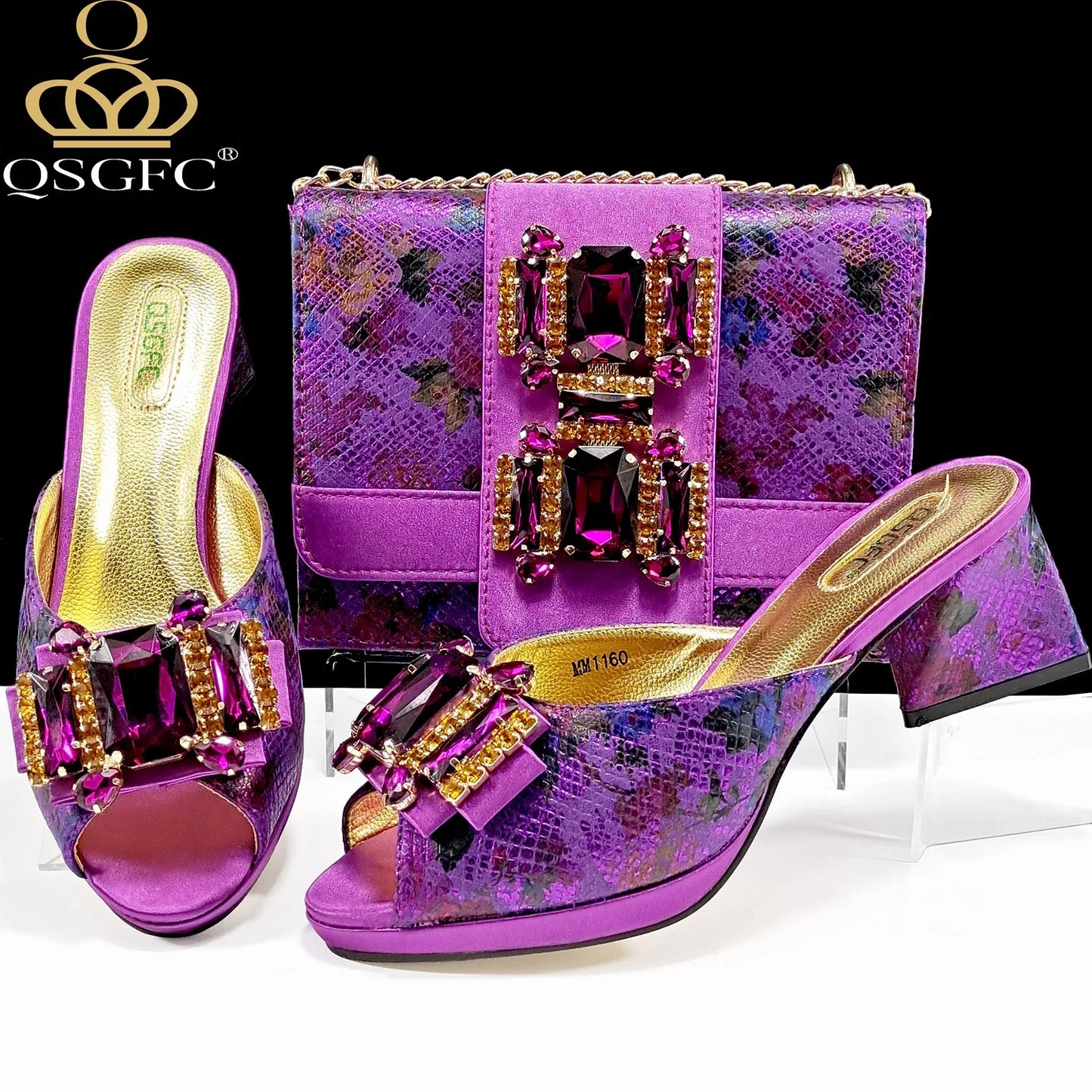 QSGFC Italian Sandals and Bags Matching Set 2024 Women Heel Party for Rose Gold Colour Wedding Bigger Size Thick Heel Shoes