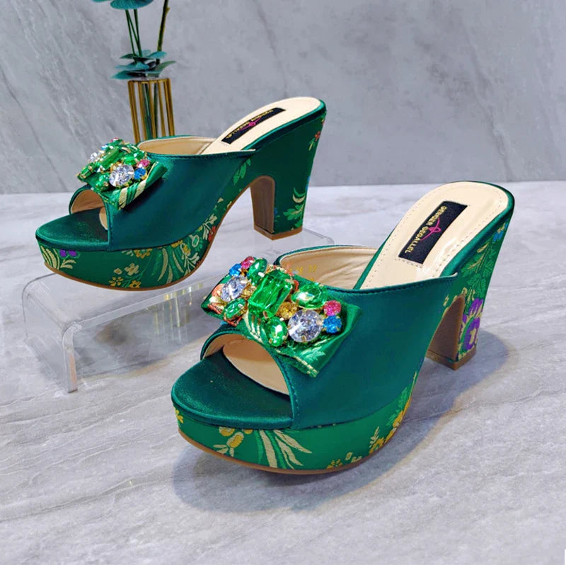 Fashion Women's Shoes High Heels Sexy Ladies Party Wedding Pattern Embroidery Mules High Heel Sandal Casual Beach Shoes For Lady