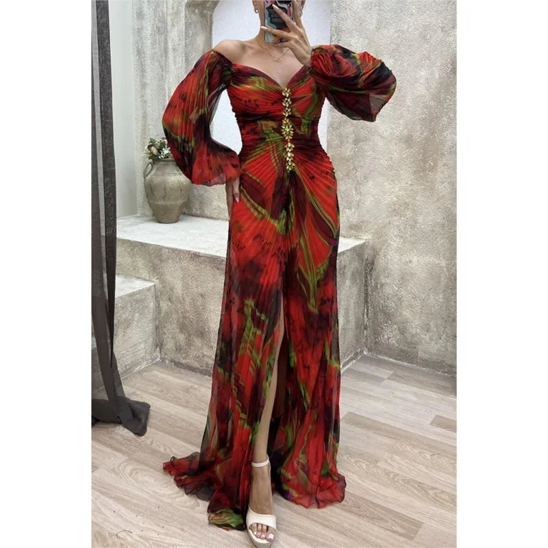 Women Floral Lantern Long Sleeve Dress Elegant Rhinestone Off Shoulder Maxi Dresses Sexy Deep V-neck  Waist Split Parties Dress